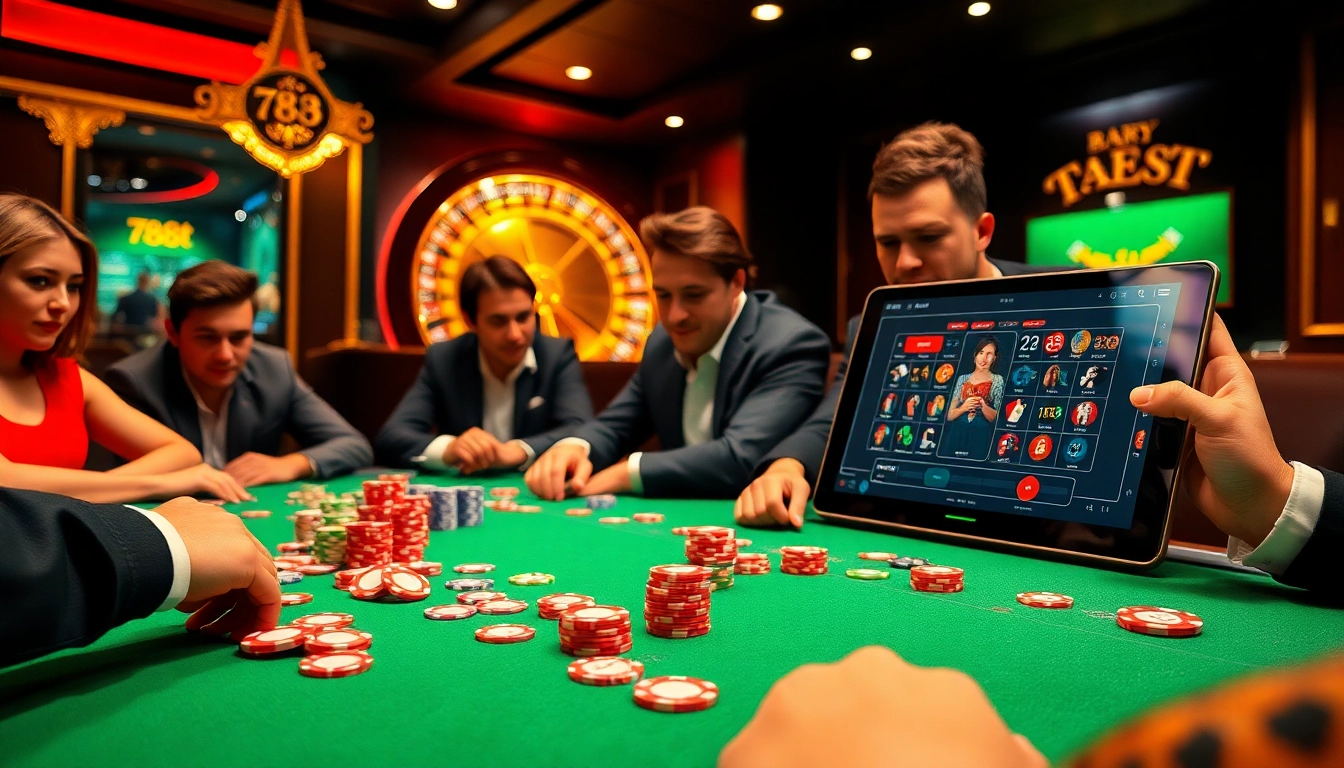 A group of players engaging in poker at a luxurious casino table, featuring the online gambling platform 788t.