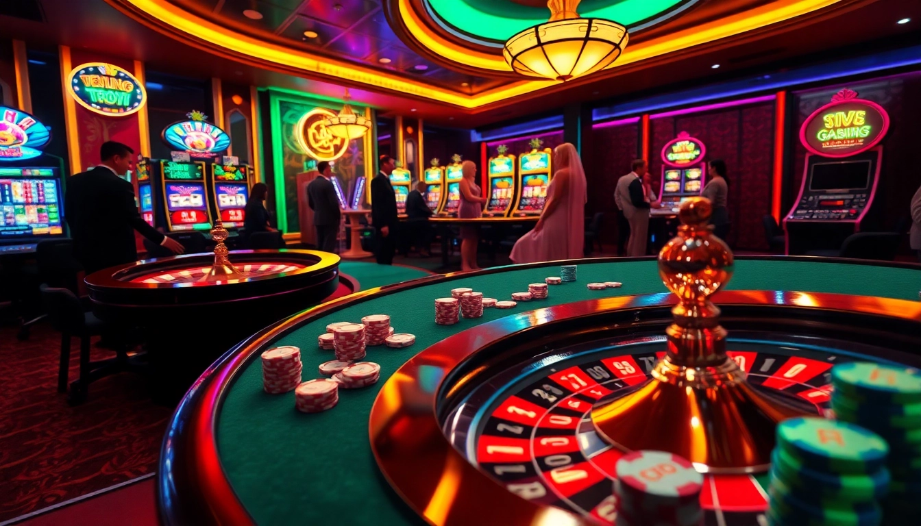 Experience thrilling gameplay at win vn with a vibrant casino scene featuring poker tables, roulette wheels, and slot machines.