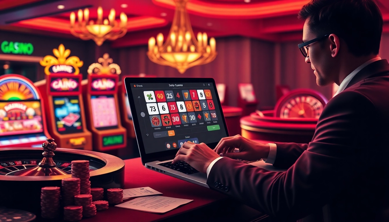 Player enjoys thrilling online gambling at mb66.ski with vibrant slot machines and poker chips.