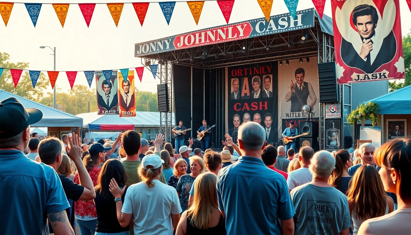 Fans celebrating at the Johnny Cash Birthday Bash festival at johnnycashbirthday.com, showcasing live performances and vibrant decorations.