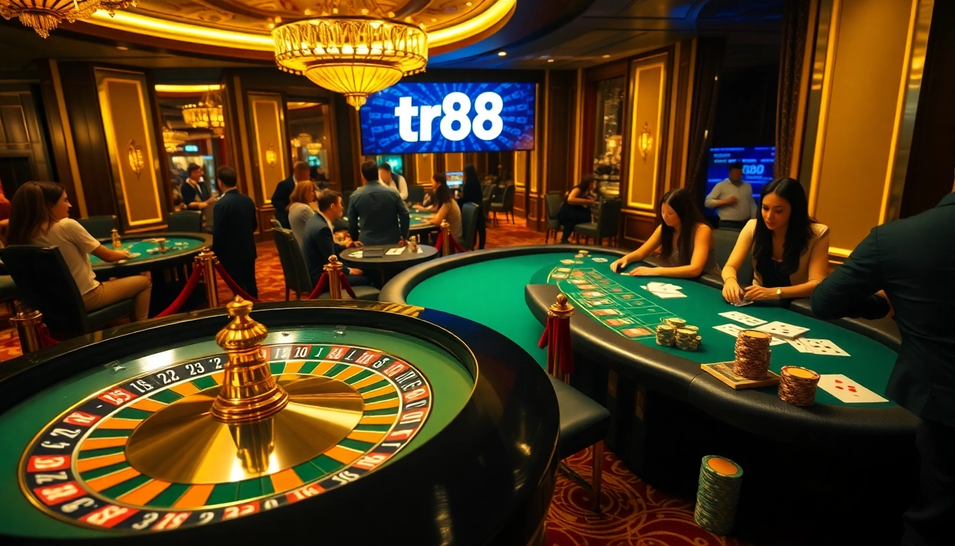 tr88 casino scene highlighting players engaged in poker and roulette under luxurious lighting