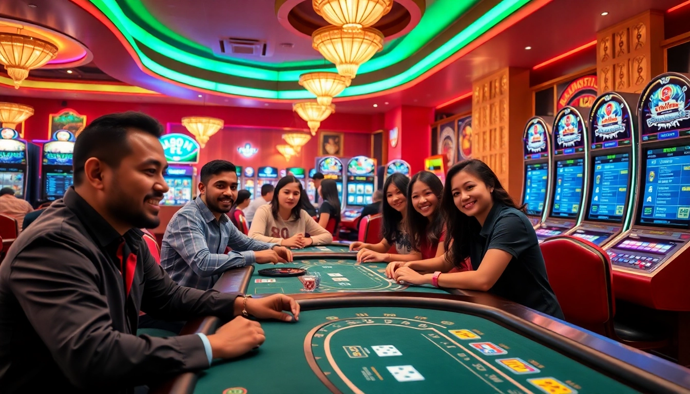 Exciting online casino scene with diverse players engaged at ev88win.live, showcasing vibrant games and lively atmosphere.