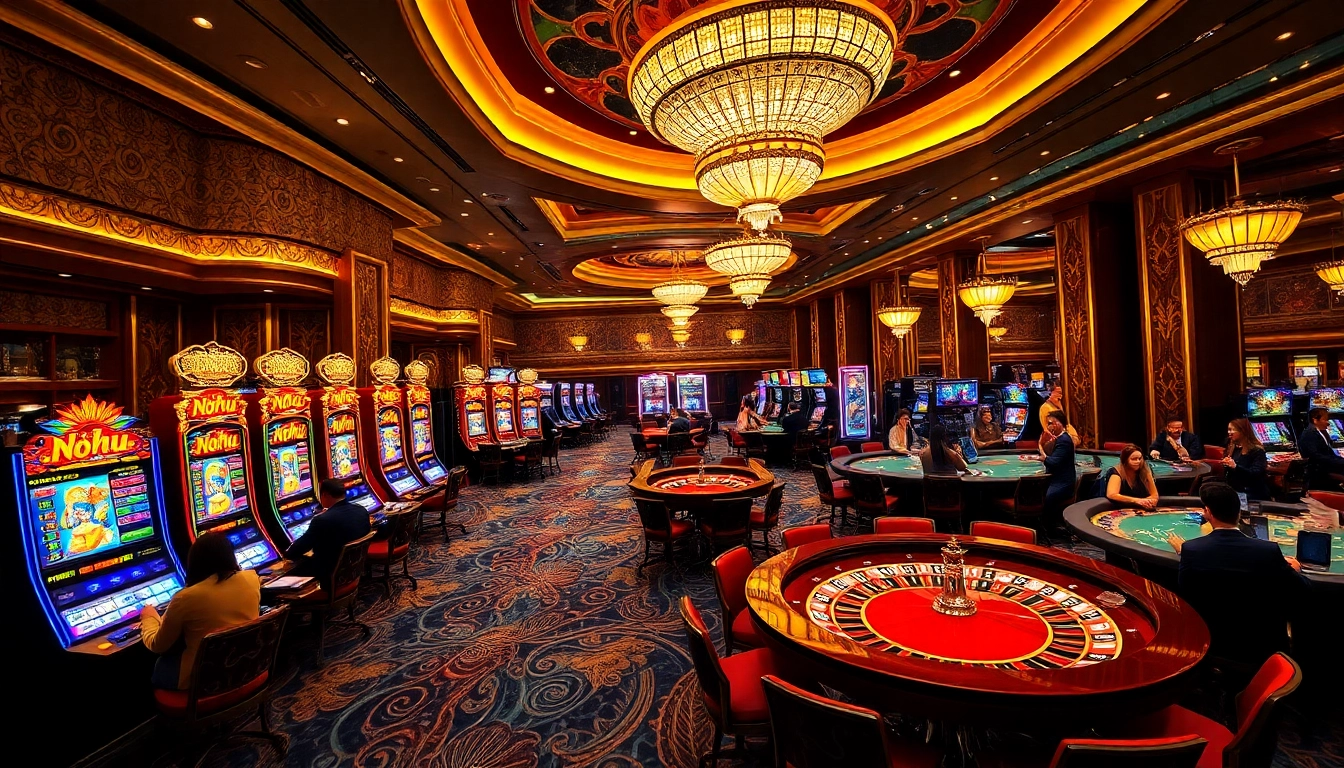 Nohu-themed casino scene with active players at slot machines and poker tables