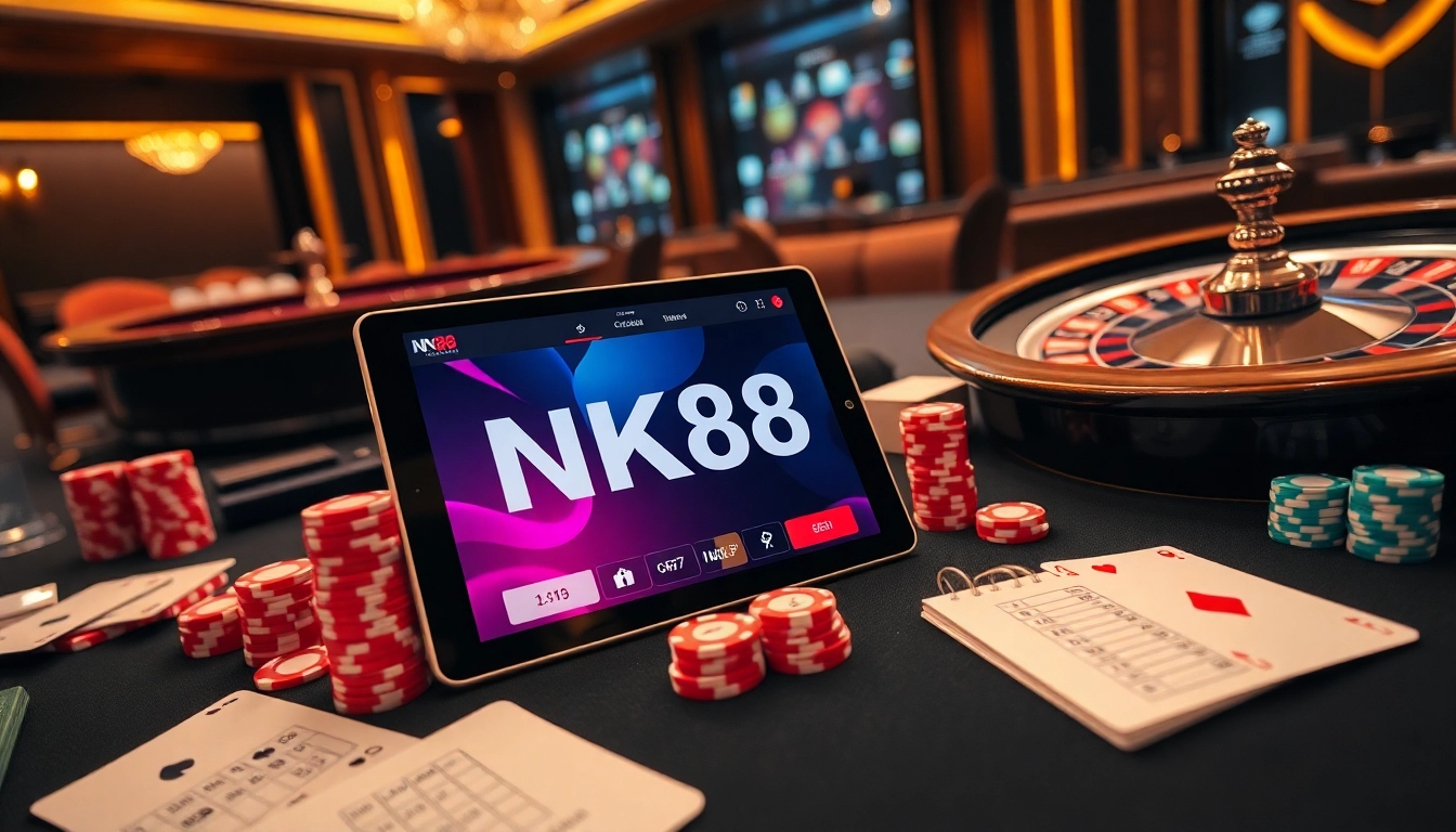 Experience the excitement of NK88 casino gaming with vibrant poker chips and sleek online interface.