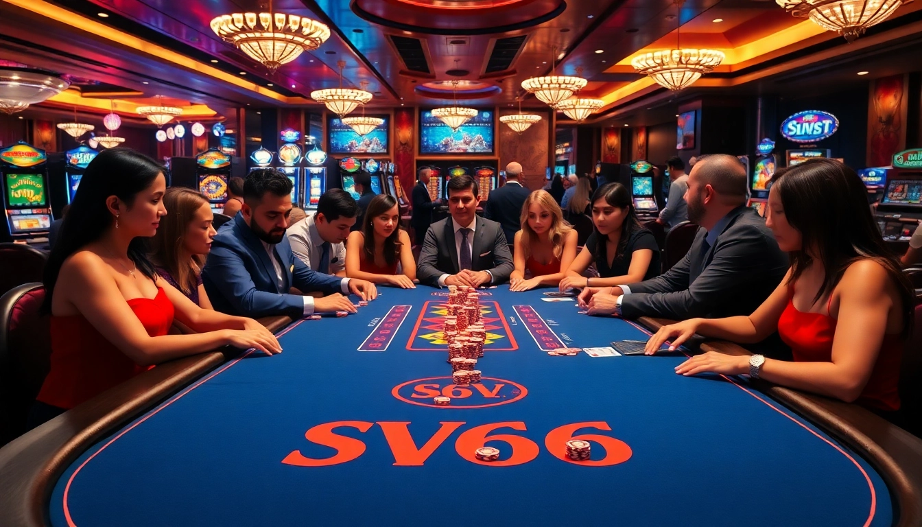 Experience the thrill of SV66 with players engaged at a luxurious poker table in a high-end casino.