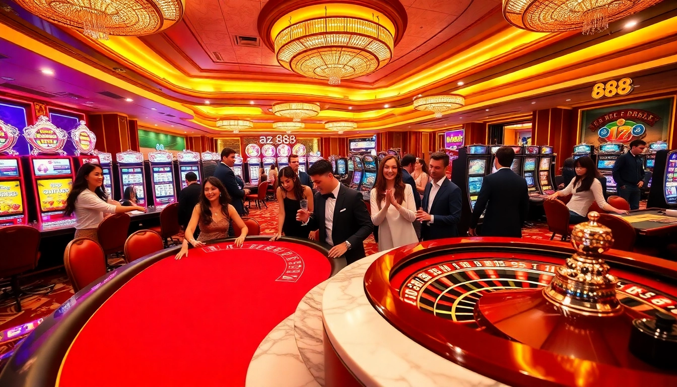 Experience the thrill of winning at az 888 casino with vibrant card tables and roulette wheels.