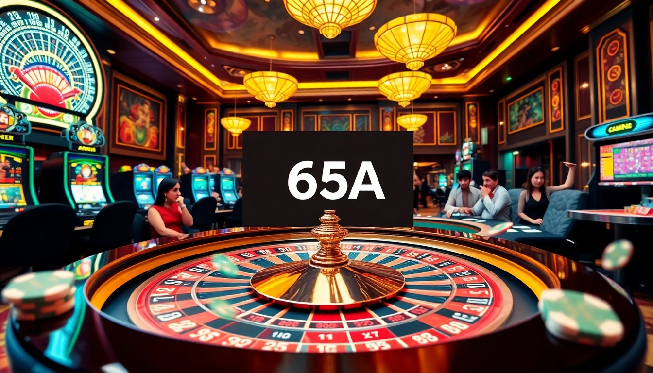 Players enjoying an exciting casino experience at 65A with roulette and slot machines.