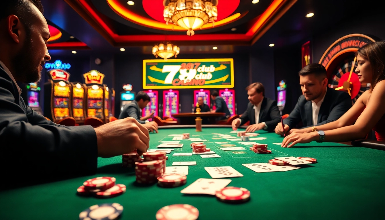 Exciting poker game at 789club casino table, showcasing vibrant poker chips and cards.