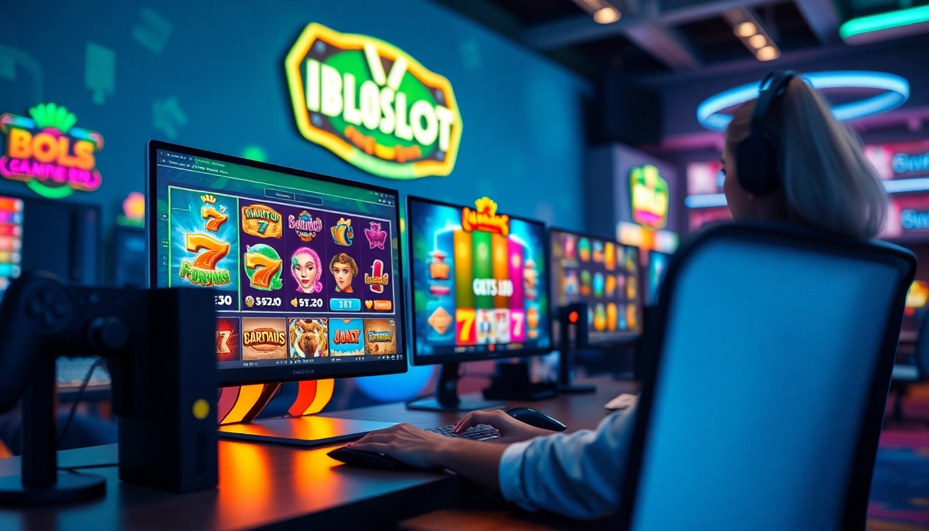 IBOSLOT gaming platform interface with vibrant slot games on a modern computer setup.