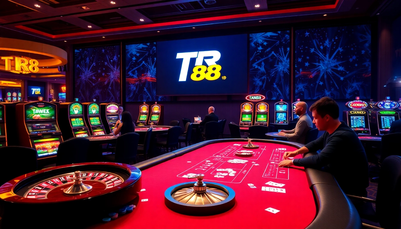 Players enjoying high-stakes poker at TR 88 casino table amidst vibrant gaming atmosphere.