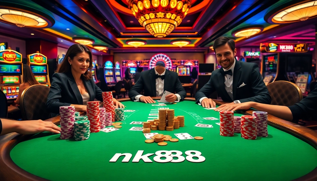 Experience the thrill of nk88 poker with colorful chips and elegant players in a luxurious casino setting.