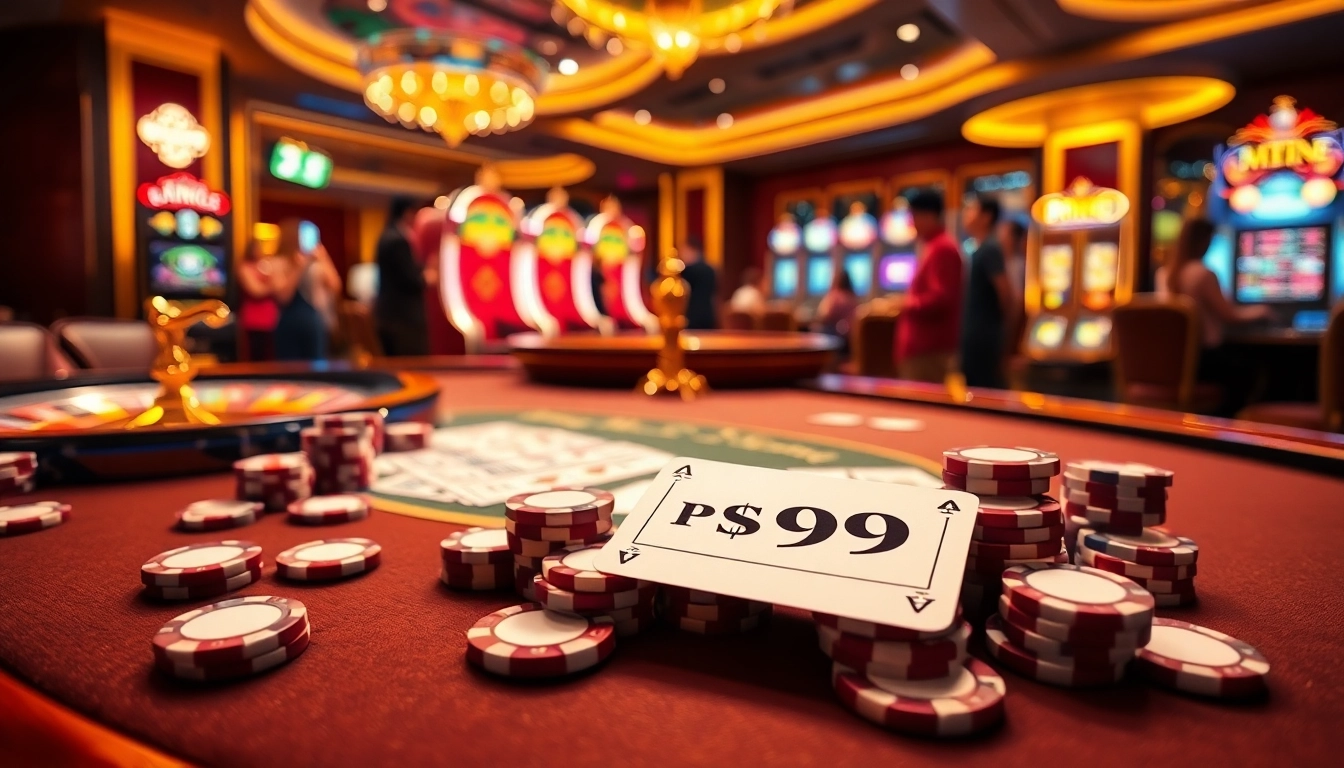 Players enjoying thrilling games at PS 99 casino tables, featuring poker chips and vibrant roulette wheel.