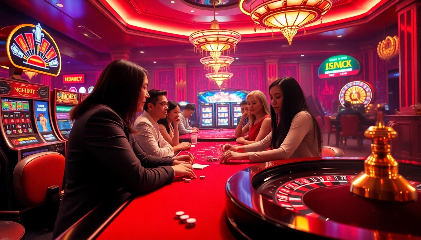 Players engage in thrilling gambling action at a luxurious casino featuring nhacaiuytin-themed elements.