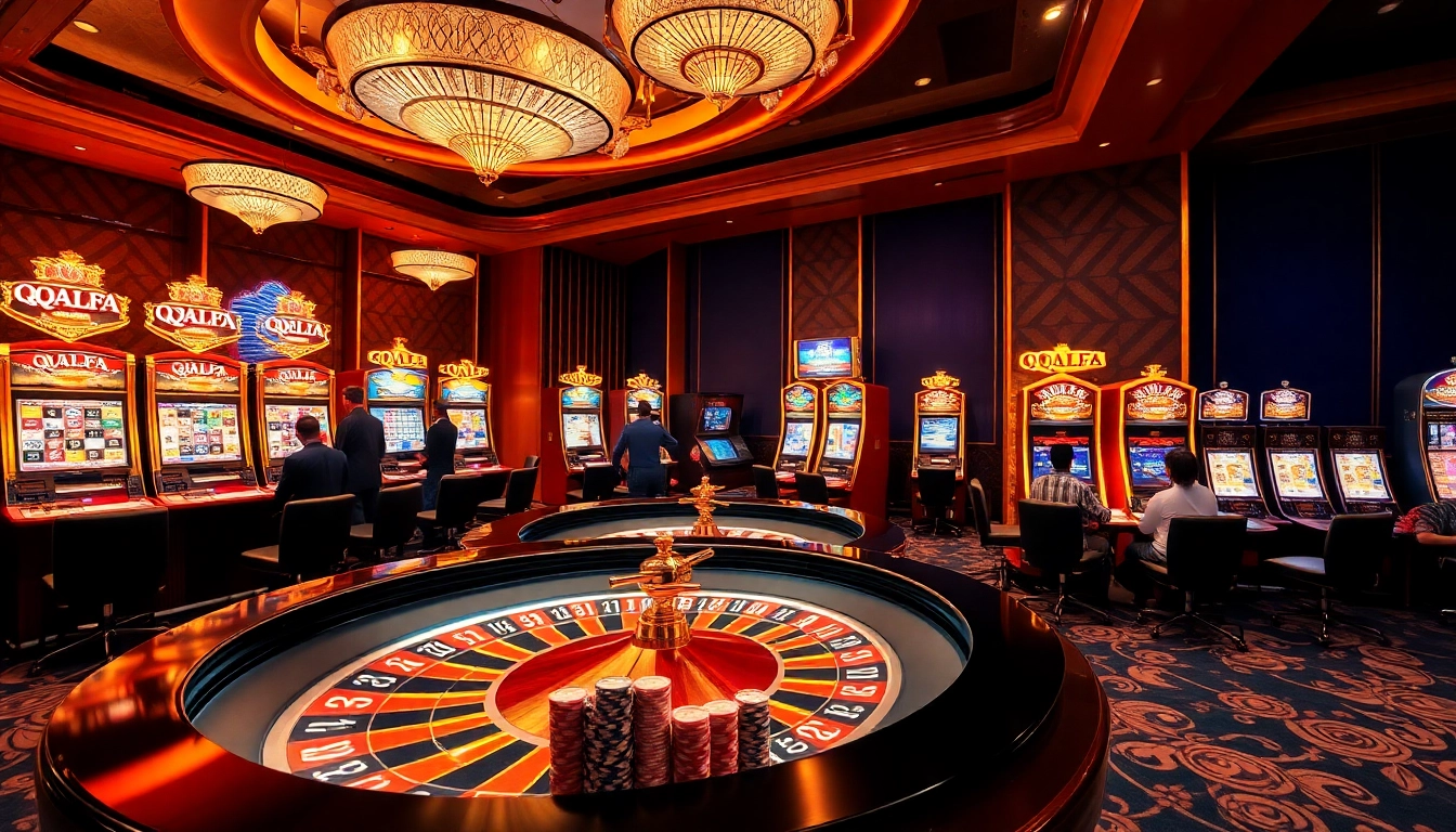 Experience the thrilling atmosphere of QQALFA with vibrant roulette wheels and exciting slot machines.