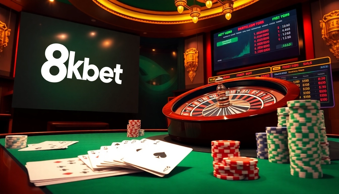 Experience the thrill of 8kbet with vibrant poker chips and an exciting roulette wheel in action.