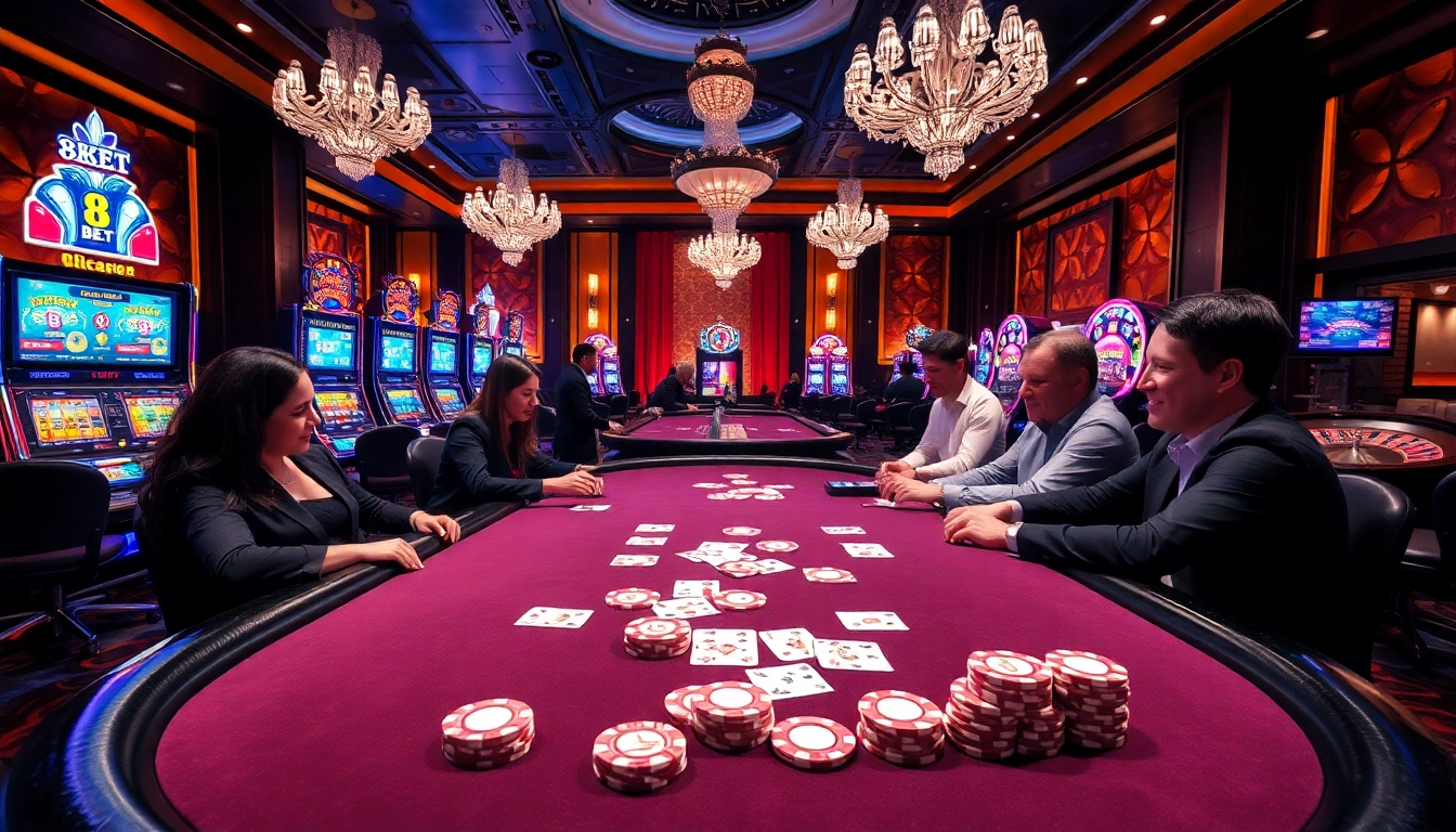 Experience high-stakes gaming with 8KBET at a luxurious casino poker table.
