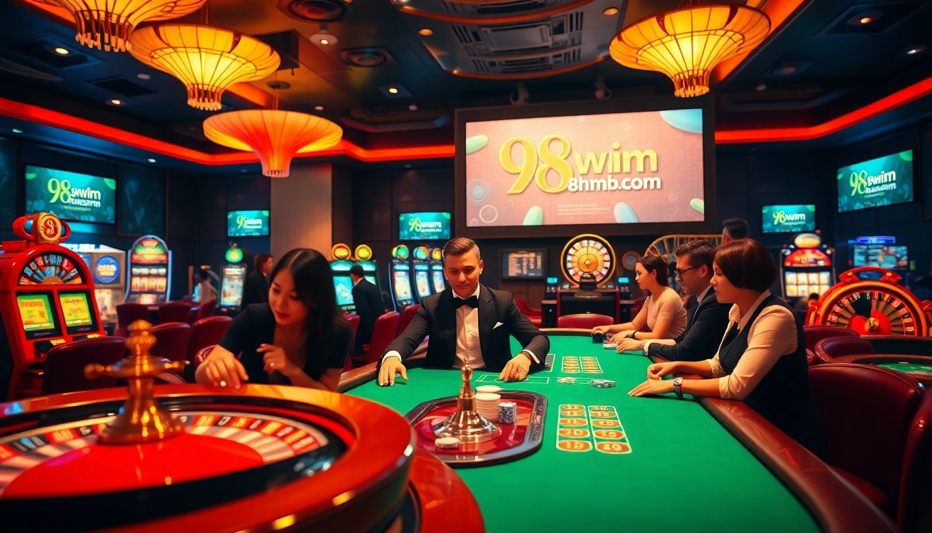 A thrilling casino scene featuring players at a poker table, highlighted by 98winmb.com promotions and vibrant slot machines.