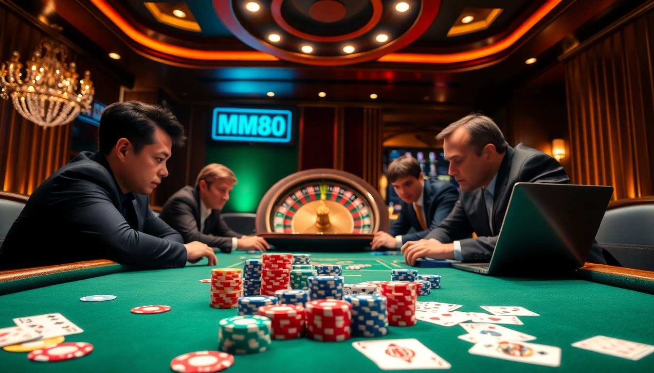 Engaged players explore high-stakes poker at https://mm88.agency/ with vibrant chips and cards in a luxurious casino setting.