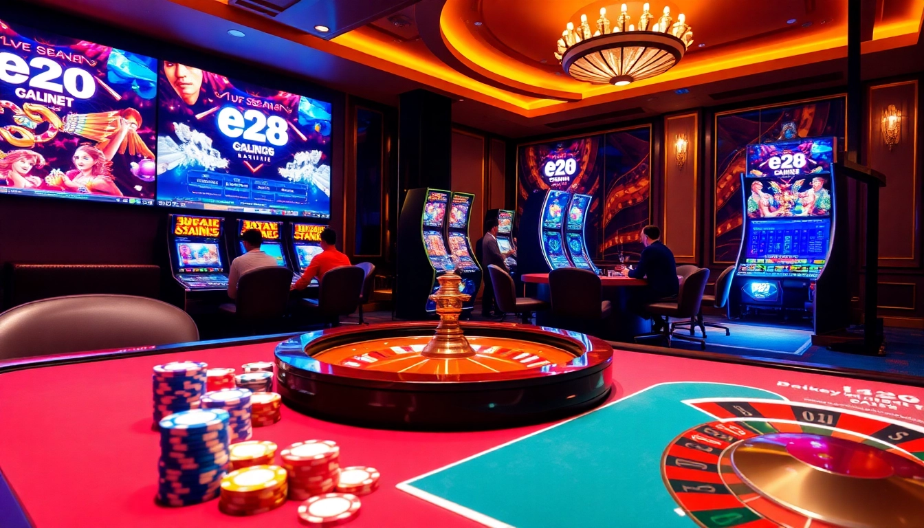 Exciting gameplay at e28 malaysia with vibrant casino elements including slot machines and poker chips.
