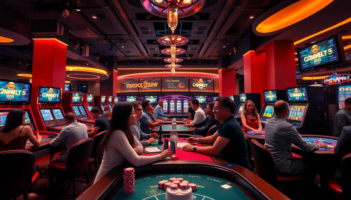 Interactive casino experience at https://98winmb.com/ with diverse players enjoying games under luxurious lighting.