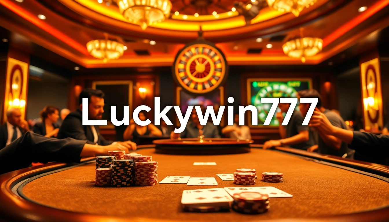 Engaging poker scene featuring Luckywin777 branding, vibrant chips, and elegant table setting.