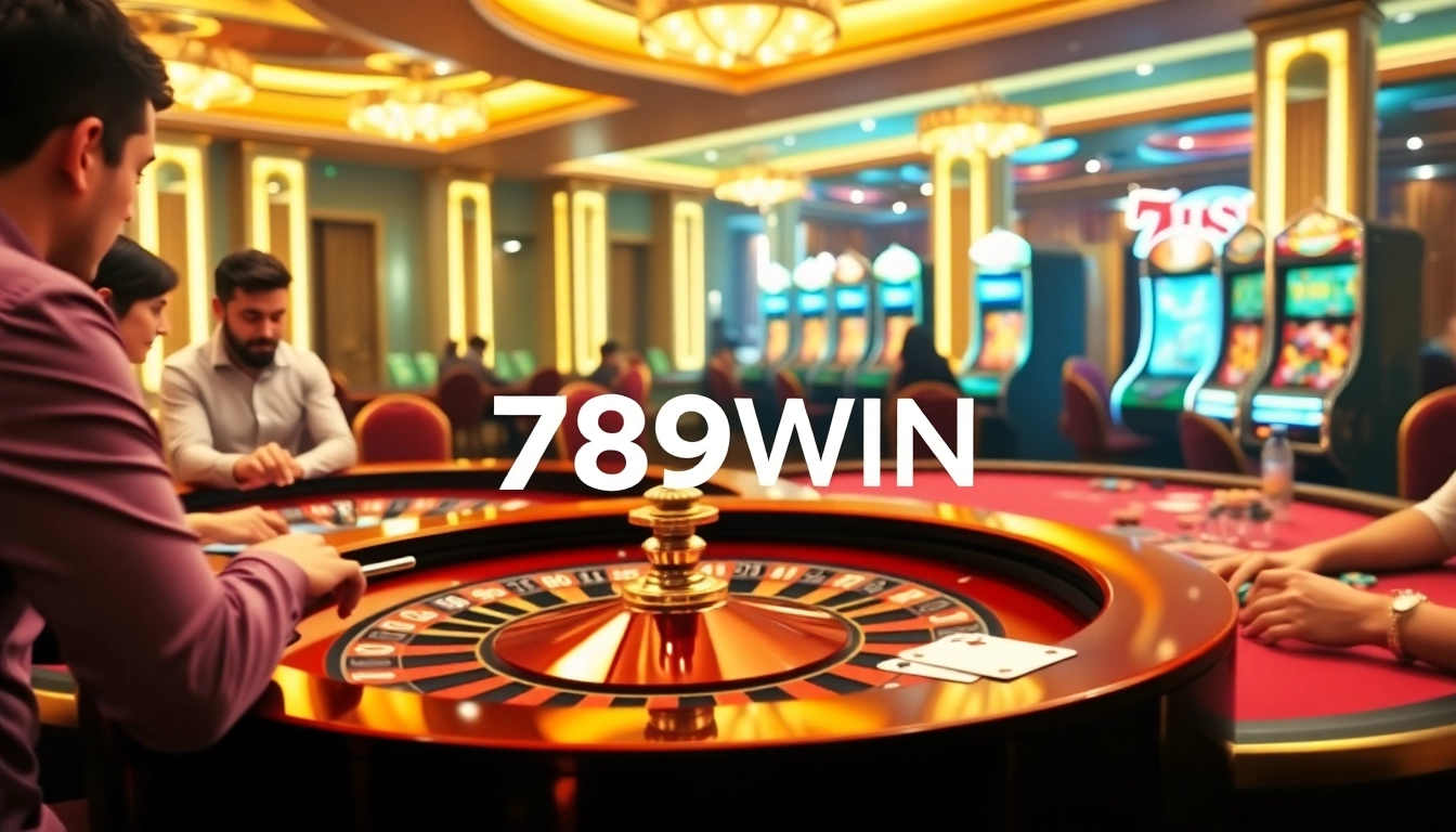 Experience the excitement of gambling at 789WIN with a luxurious casino scene featuring tables and slot machines.