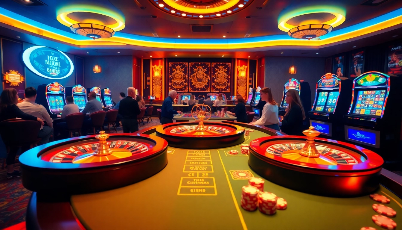 Nohu52 casino players enjoying slot machines and poker tables in a vibrant, luxurious setting.